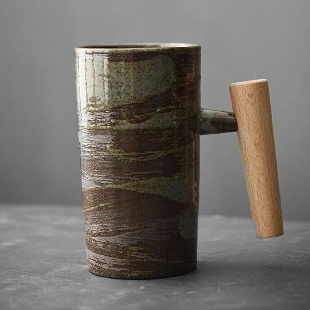 Latte Mug Ceramic | Coffee Cup with Wooden Handle