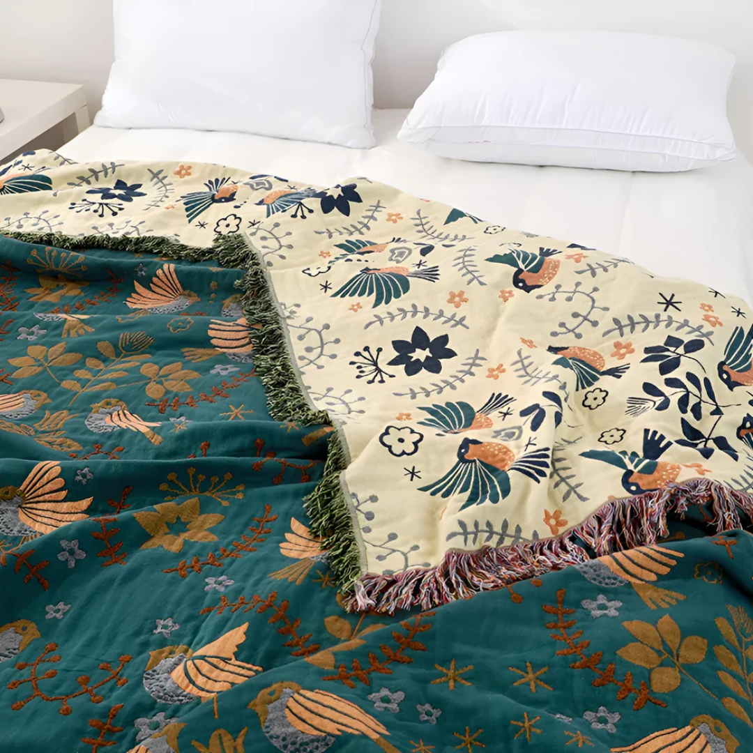 Artisan Cotton Throw Blanket | Hand-Embroidered Birds & Flowers Pattern