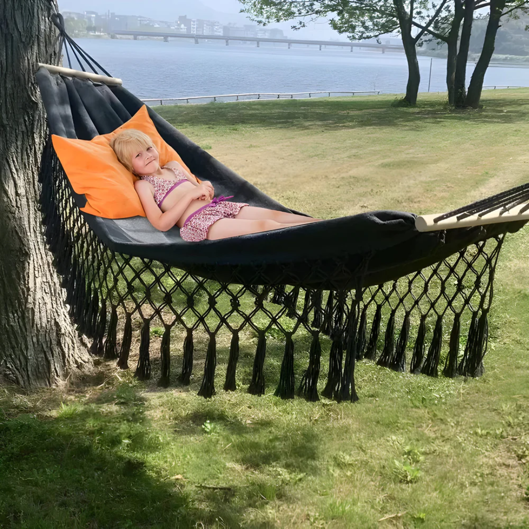 SolSway Boho Cotton Hammock | Handwoven Comfort with Wooden Spreaders