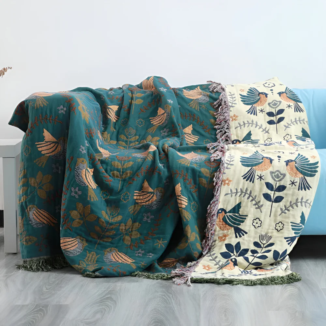 Artisan Cotton Throw Blanket | Hand-Embroidered Birds & Flowers Pattern