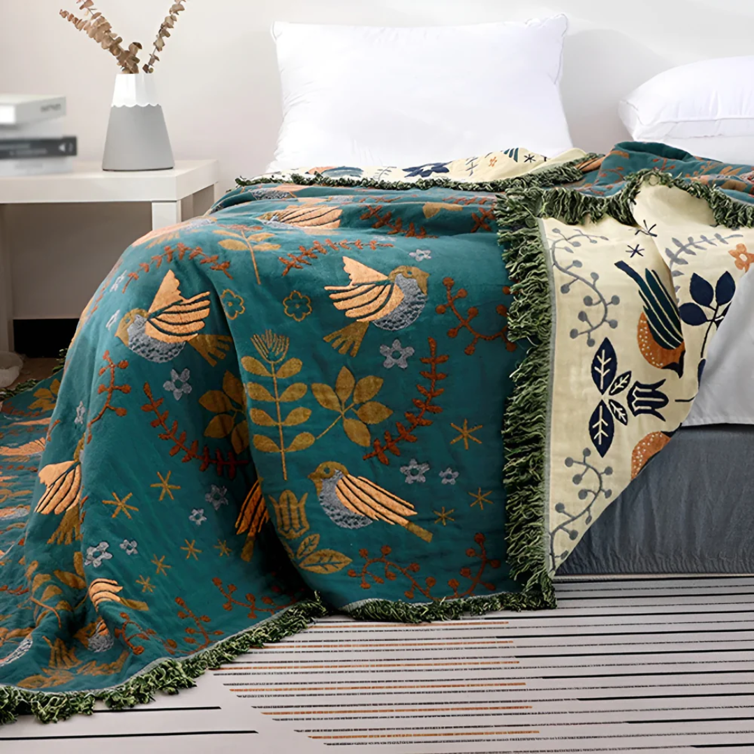 Artisan Cotton Throw Blanket | Hand-Embroidered Birds & Flowers Pattern