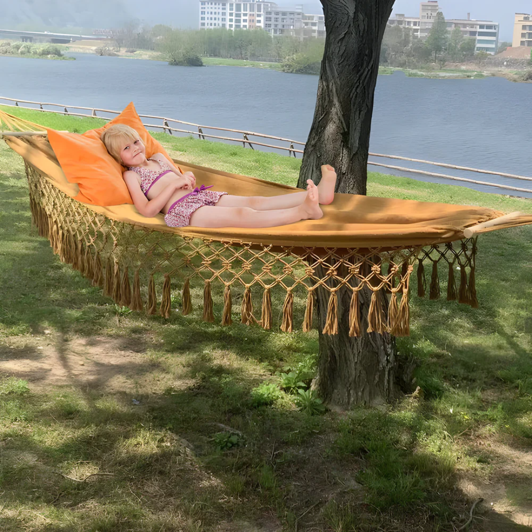 SolSway Boho Cotton Hammock | Handwoven Comfort with Wooden Spreaders