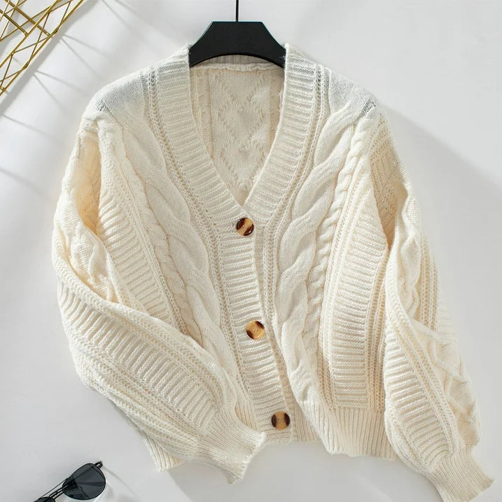 Diana | Women’s Cable Knit V-Neck Wool Cardigan with Button