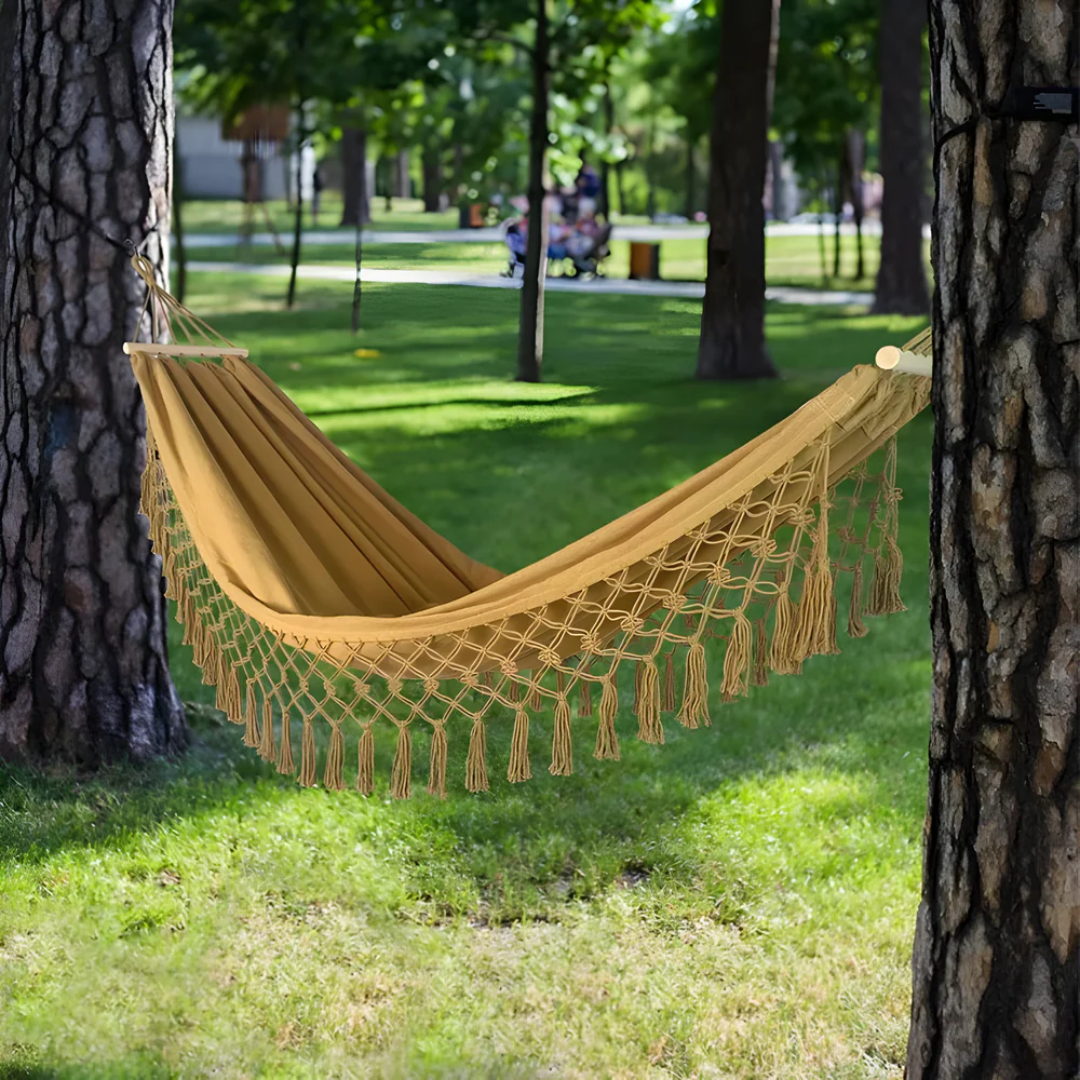 SolSway Boho Cotton Hammock | Handwoven Comfort with Wooden Spreaders