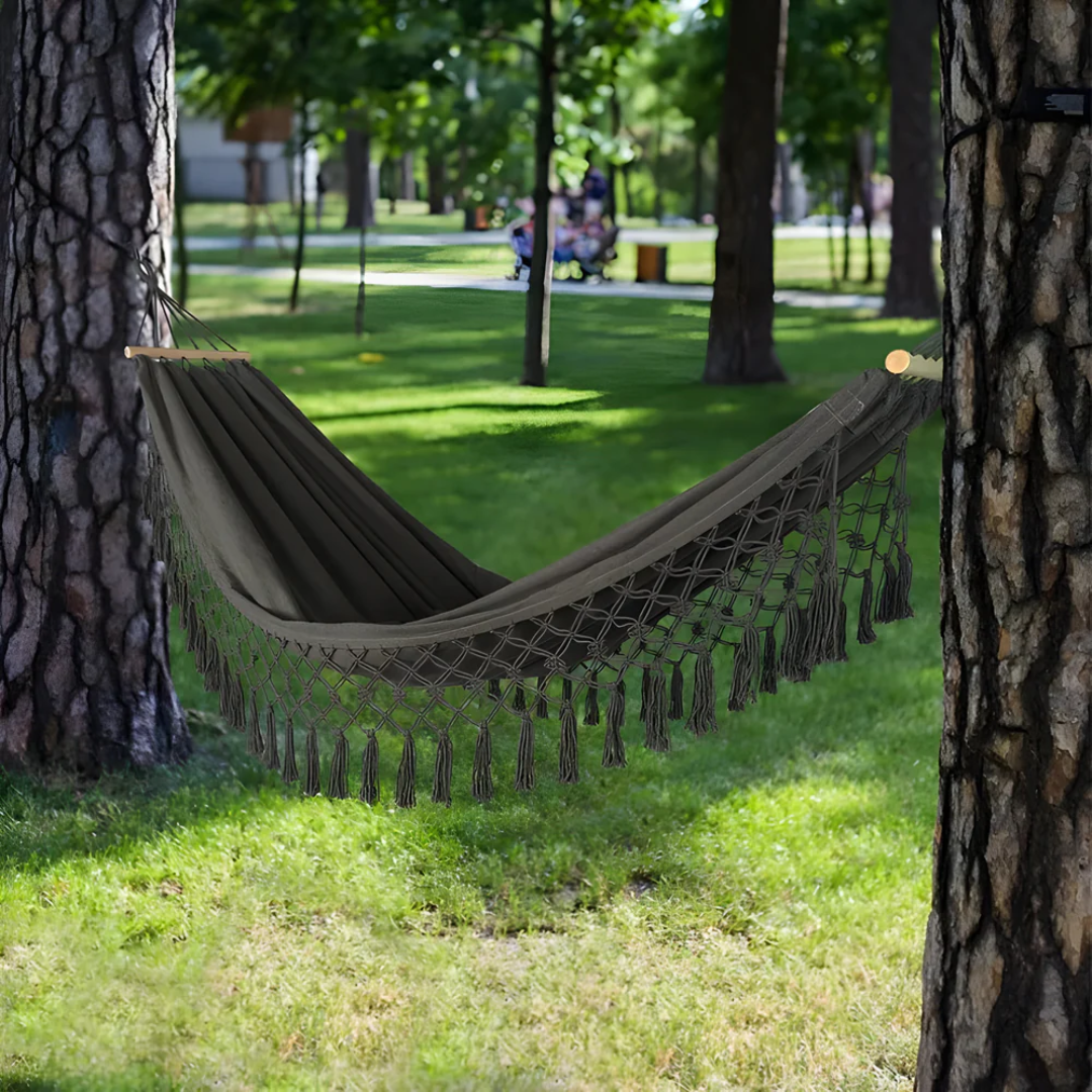 SolSway Boho Cotton Hammock | Handwoven Comfort with Wooden Spreaders