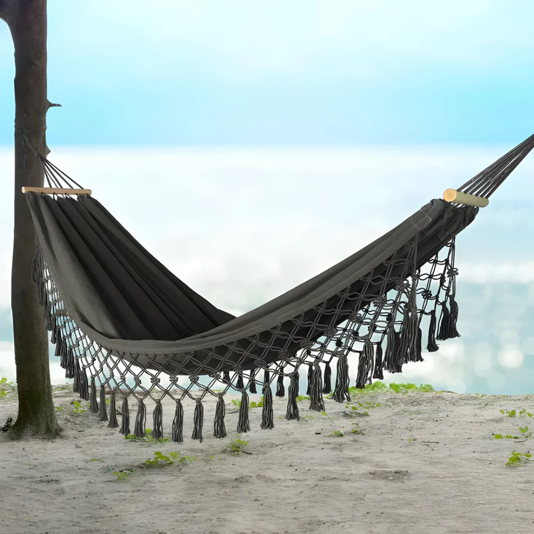 SolSway Boho Cotton Hammock | Handwoven Comfort with Wooden Spreaders