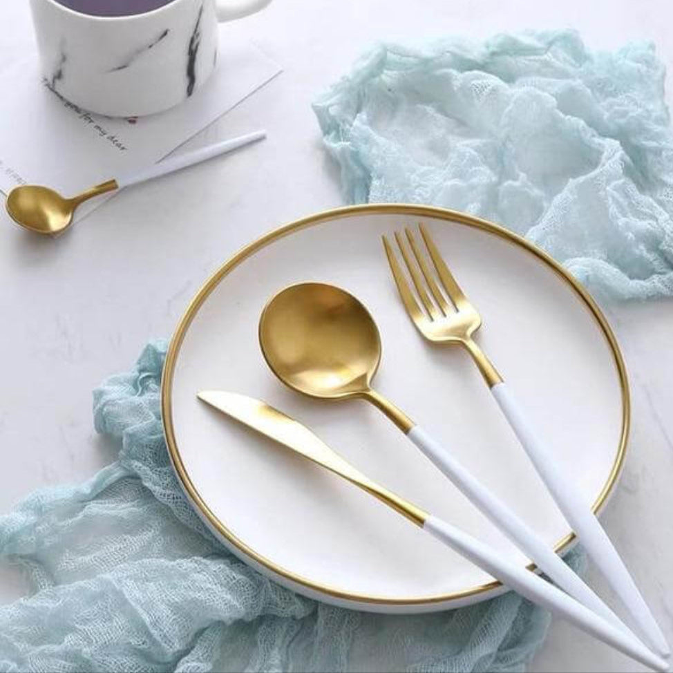 Gold and White Cutlery Set | Stainless Steel Flatware Collection