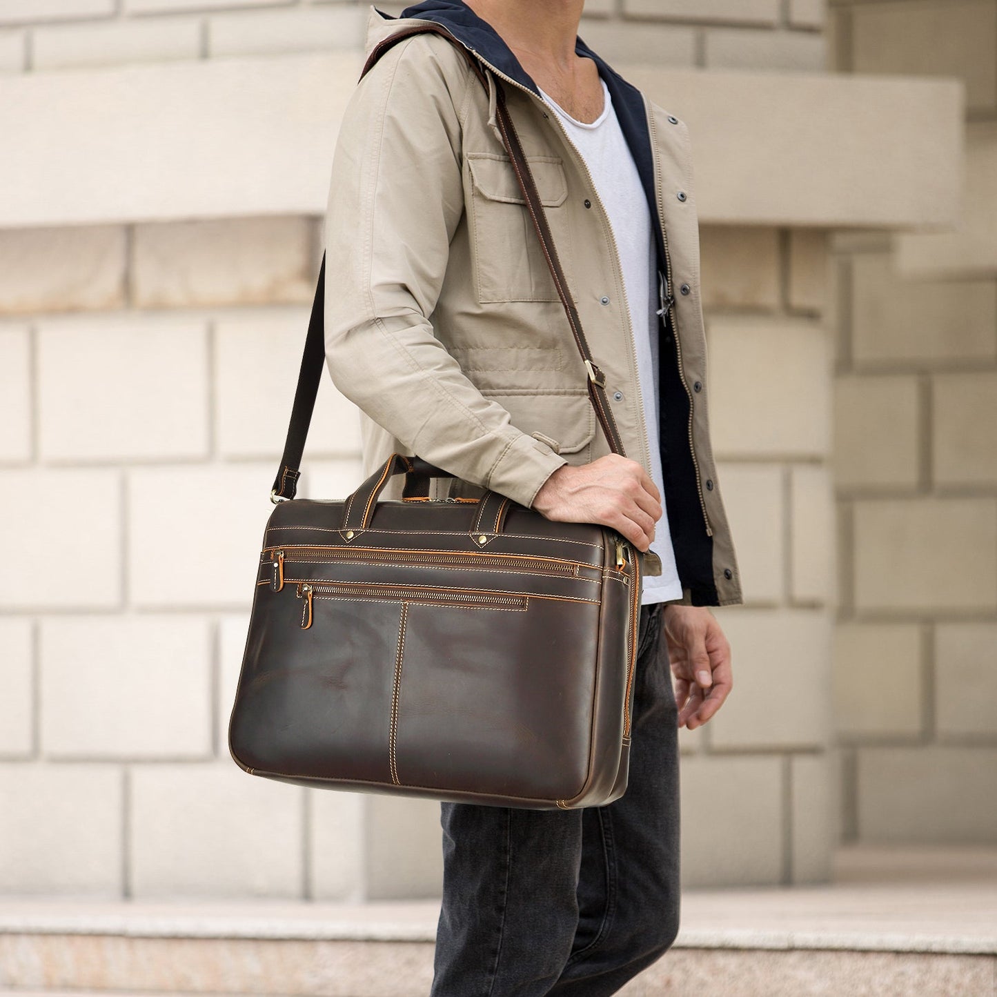 Full Grain Leather Laptop Briefcase for Men – Spacious Work Bag with Multiple Compartments for 15.6 and 17.3 Laptops 1