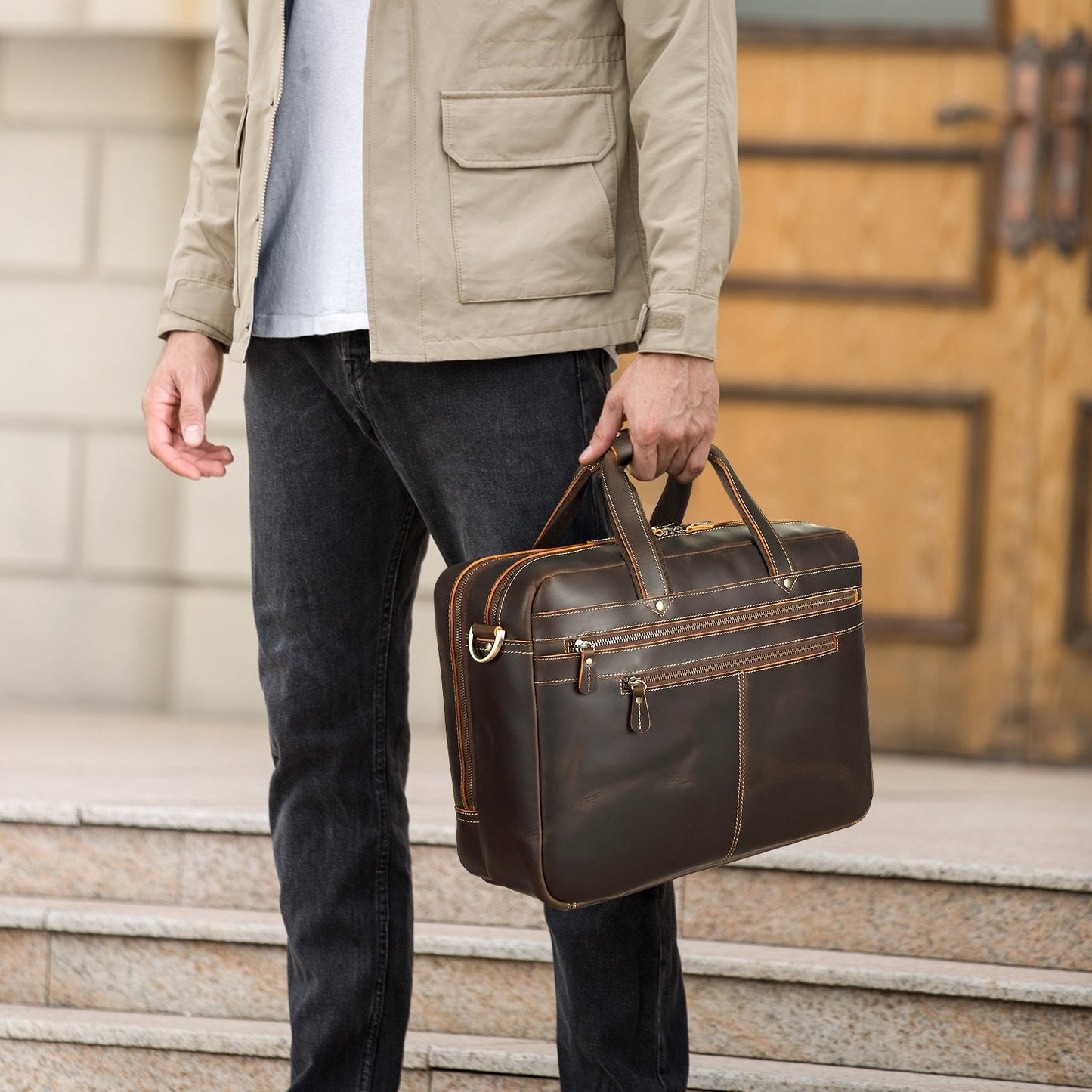 Full Grain Leather Laptop Briefcase for Men – Spacious Work Bag with Multiple Compartments for 15.6 and 17.3 Laptops 6