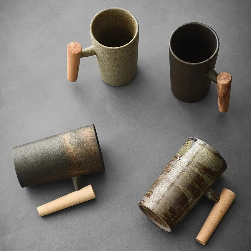 Latte Mug Ceramic | Coffee Cup with Wooden Handle
