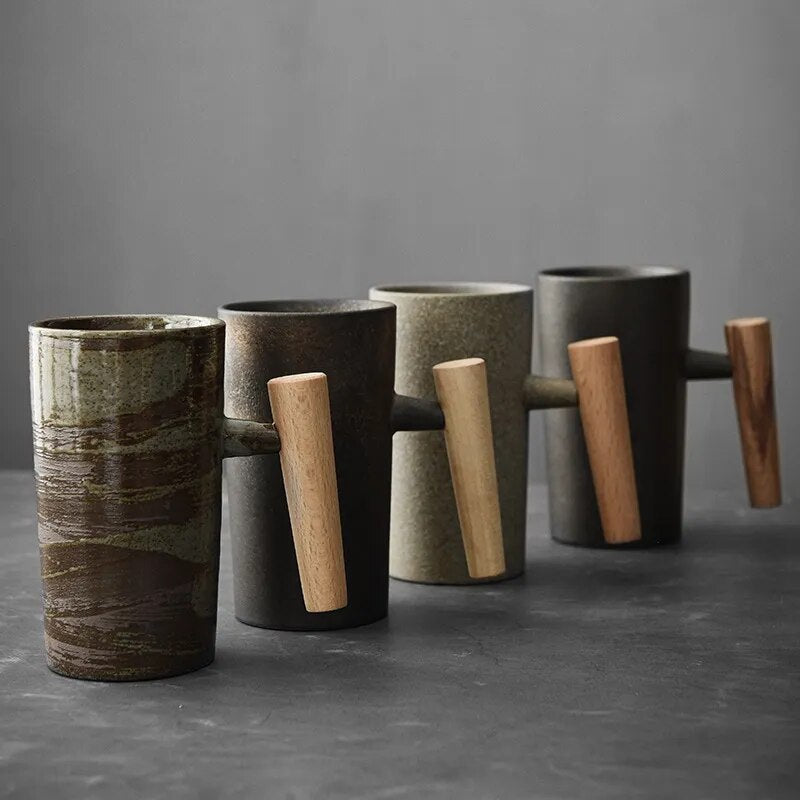 Latte Mug Ceramic | Coffee Cup with Wooden Handle