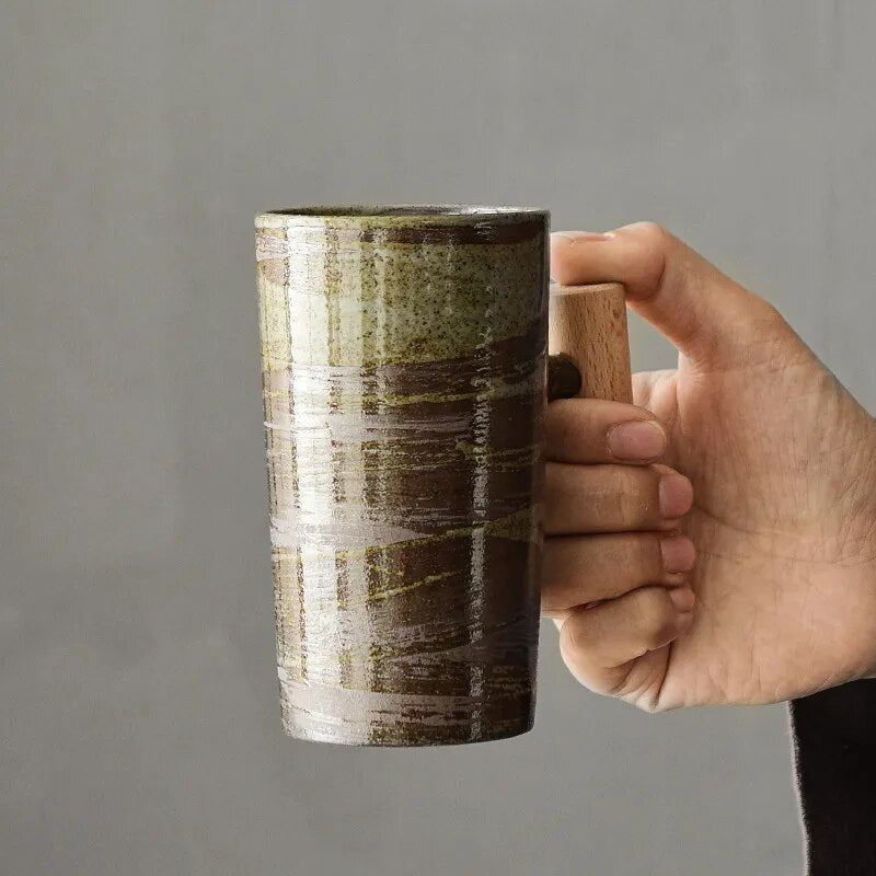 Latte Mug Ceramic | Coffee Cup with Wooden Handle