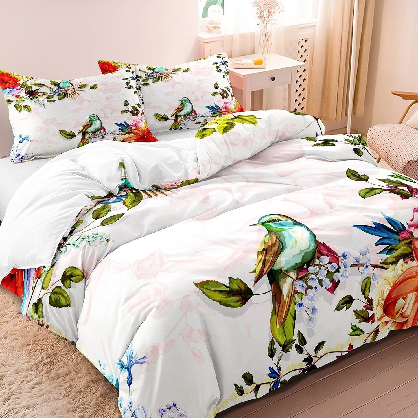 Cotton Duvet Cover Set | Elegant Floral and Bird Print Bedding