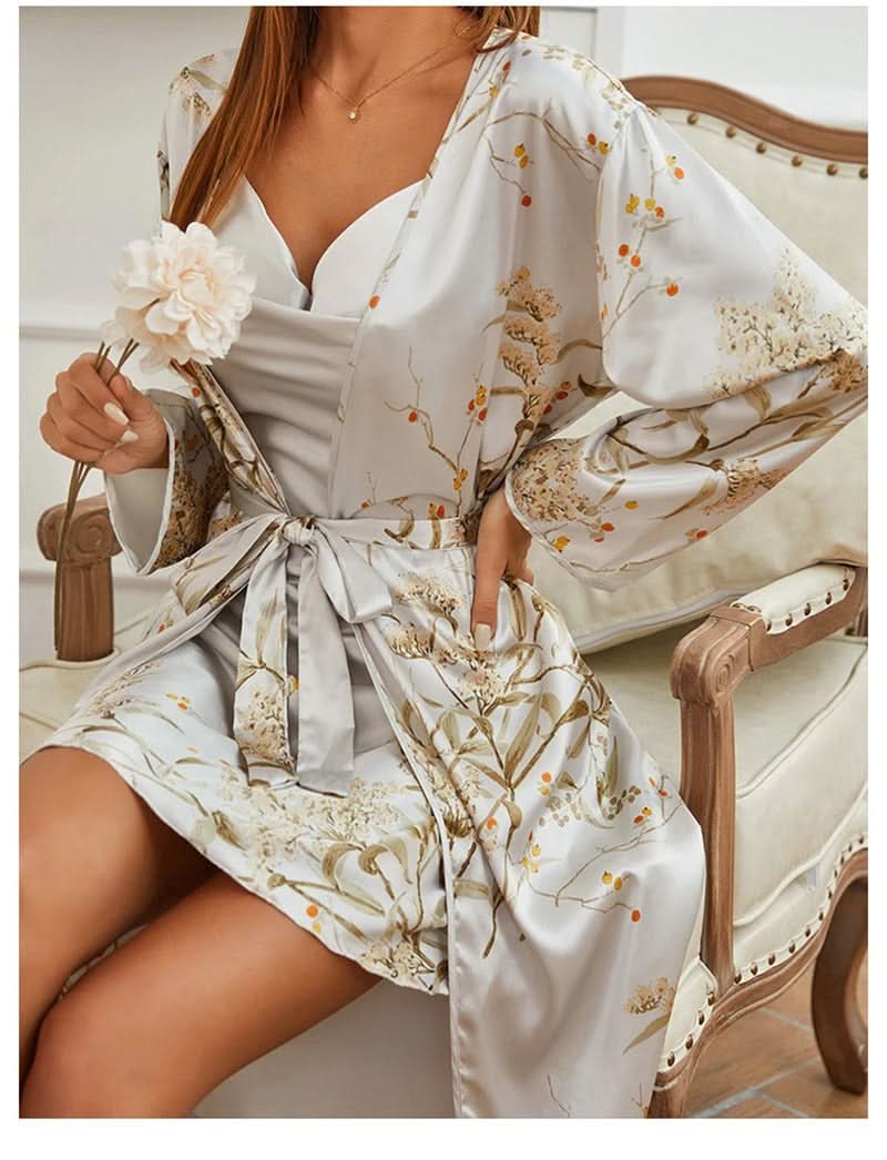 MoonPetal Dreamwear Set | Luxe Satin Nightdress Paired with a Bloom-Kissed Robe