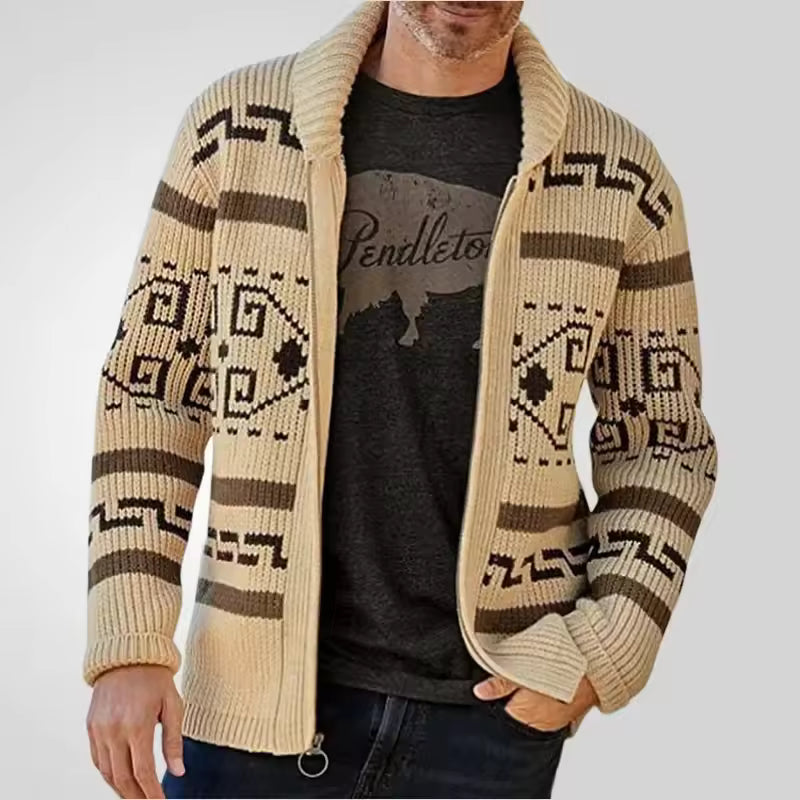 Logan | Men’s Zip-Up Wool Cardigan with Patterned Sleeves