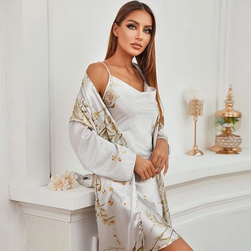 MoonPetal Dreamwear Set | Luxe Satin Nightdress Paired with a Bloom-Kissed Robe