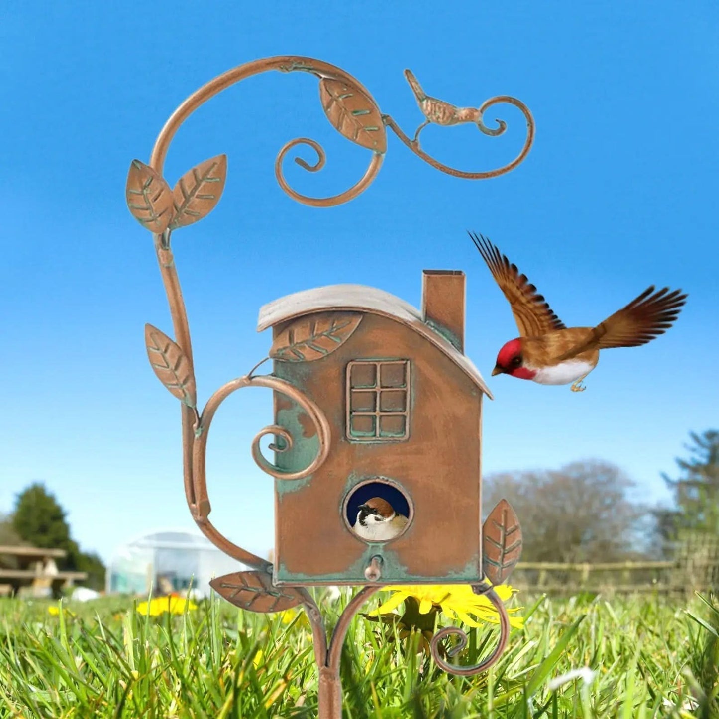 FeatherPost Metal Birdhouse | Whimsical Outdoor Décor with Rustic Charm