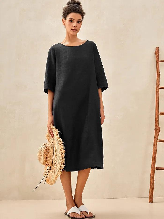 Danica | Women’s Linen Collarless Mid-Length Dress