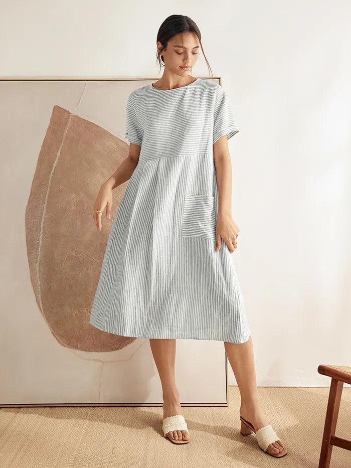 Camille | Women’s Linen Pinstripe Paneled Short Sleeve Dress