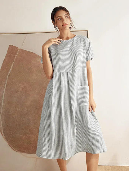 Camille | Women’s Linen Pinstripe Paneled Short Sleeve Dress