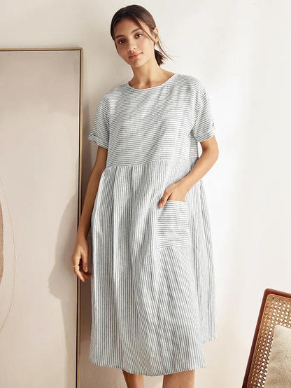Camille | Women’s Linen Pinstripe Paneled Short Sleeve Dress