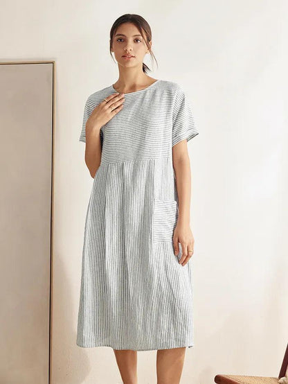 Camille | Women’s Linen Pinstripe Paneled Short Sleeve Dress