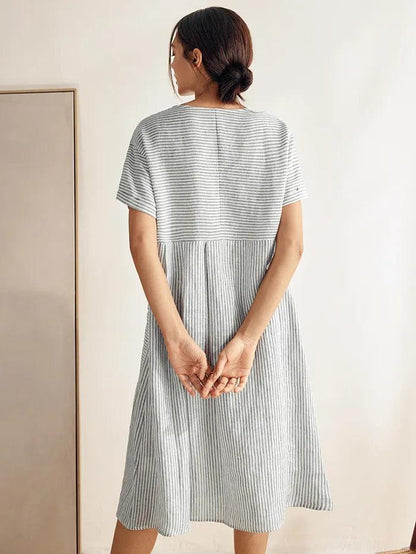 Camille | Women’s Linen Pinstripe Paneled Short Sleeve Dress