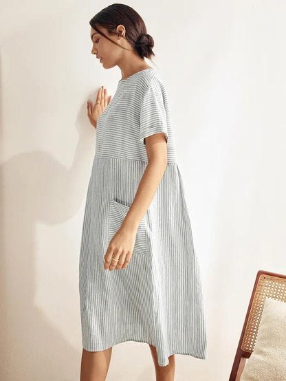 Camille | Women’s Linen Pinstripe Paneled Short Sleeve Dress