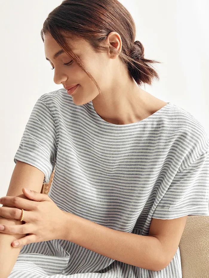 Camille | Women’s Linen Pinstripe Paneled Short Sleeve Dress