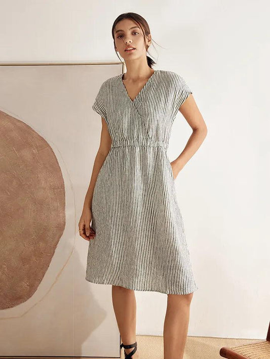 Serena | Women’s Linen Striped Elastic-Waist Midi Dress
