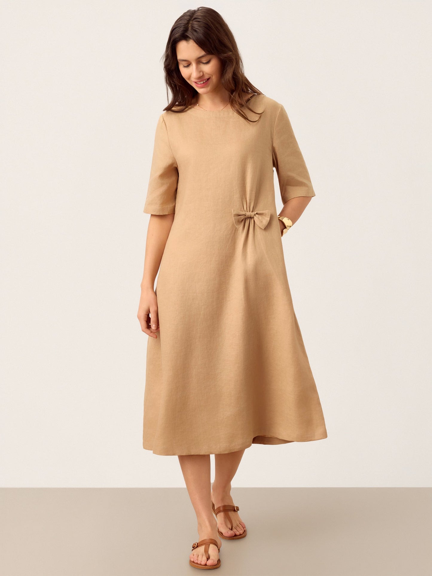Addison | Women’s Linen Side-Gathered Bow Maxi Dress