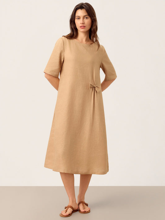Addison | Women’s Linen Side-Gathered Bow Maxi Dress