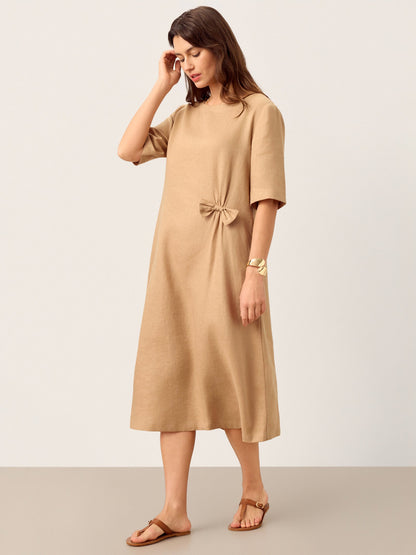 Addison | Women’s Linen Side-Gathered Bow Maxi Dress