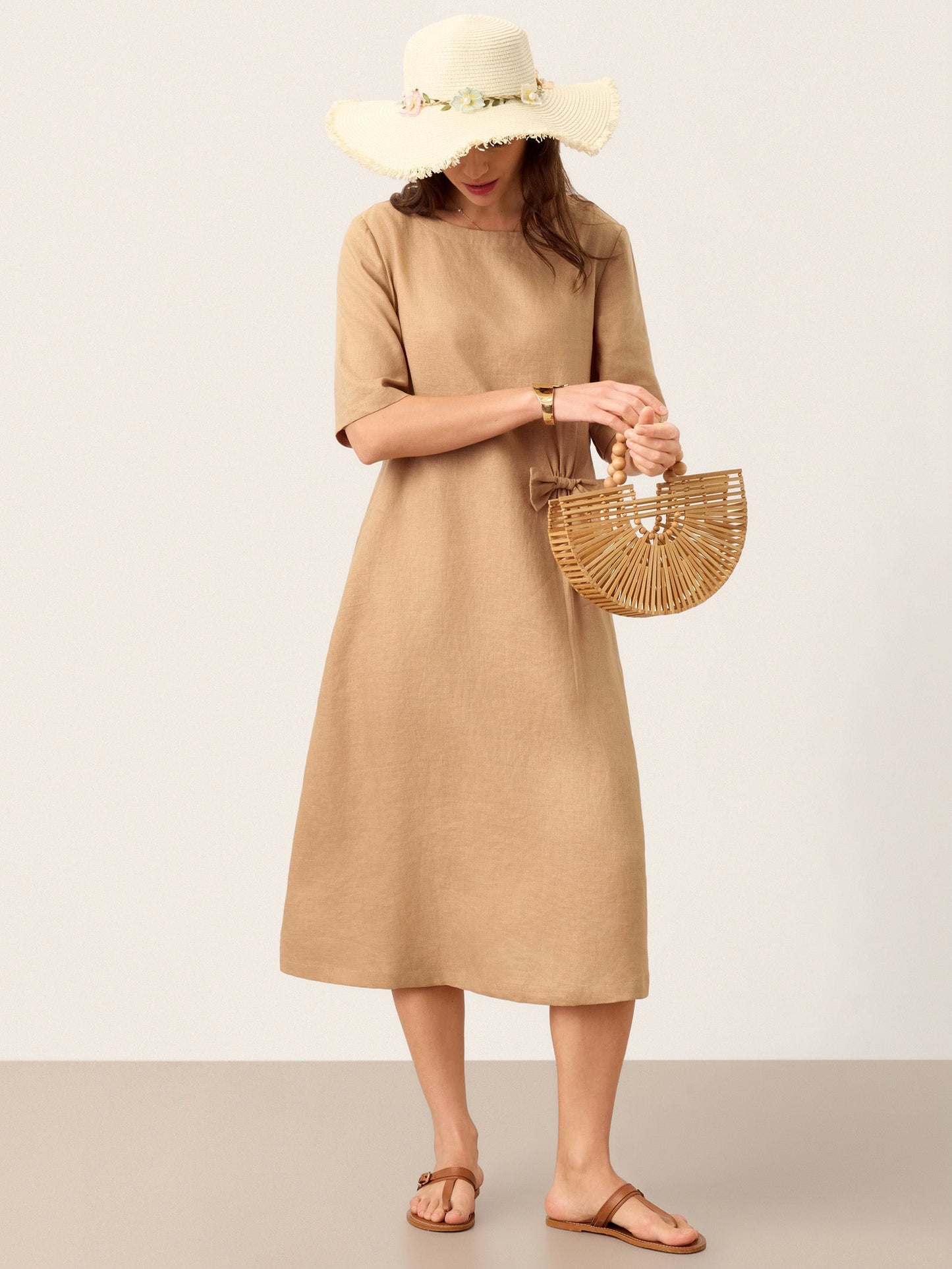 Addison | Women’s Linen Side-Gathered Bow Maxi Dress