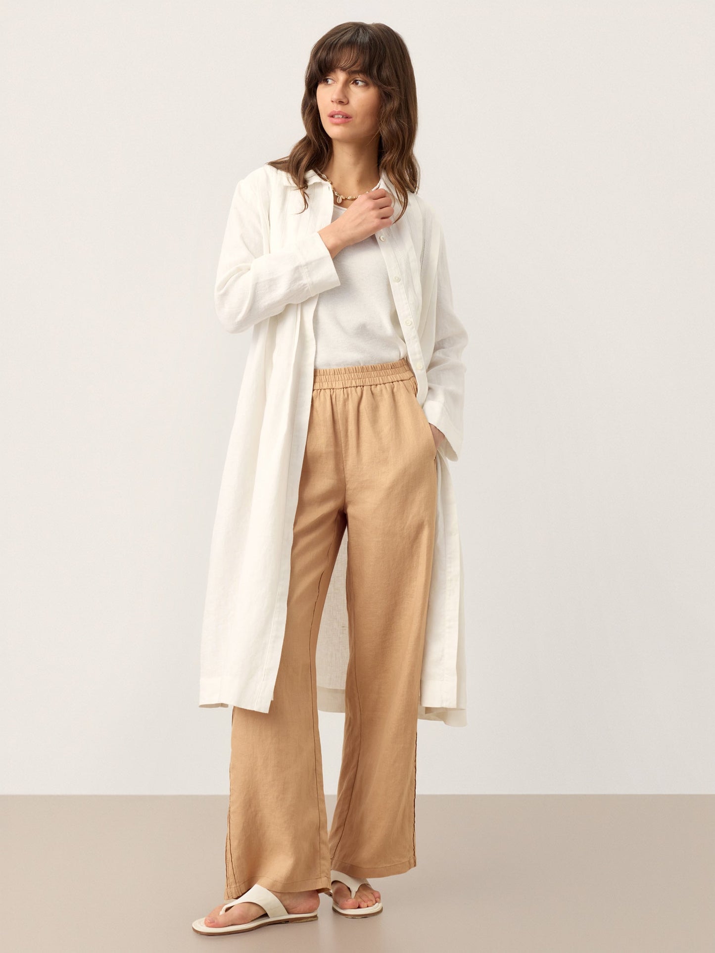 Kendall | Women’s Linen Embroidered Pintuck Midi Shirt Dress