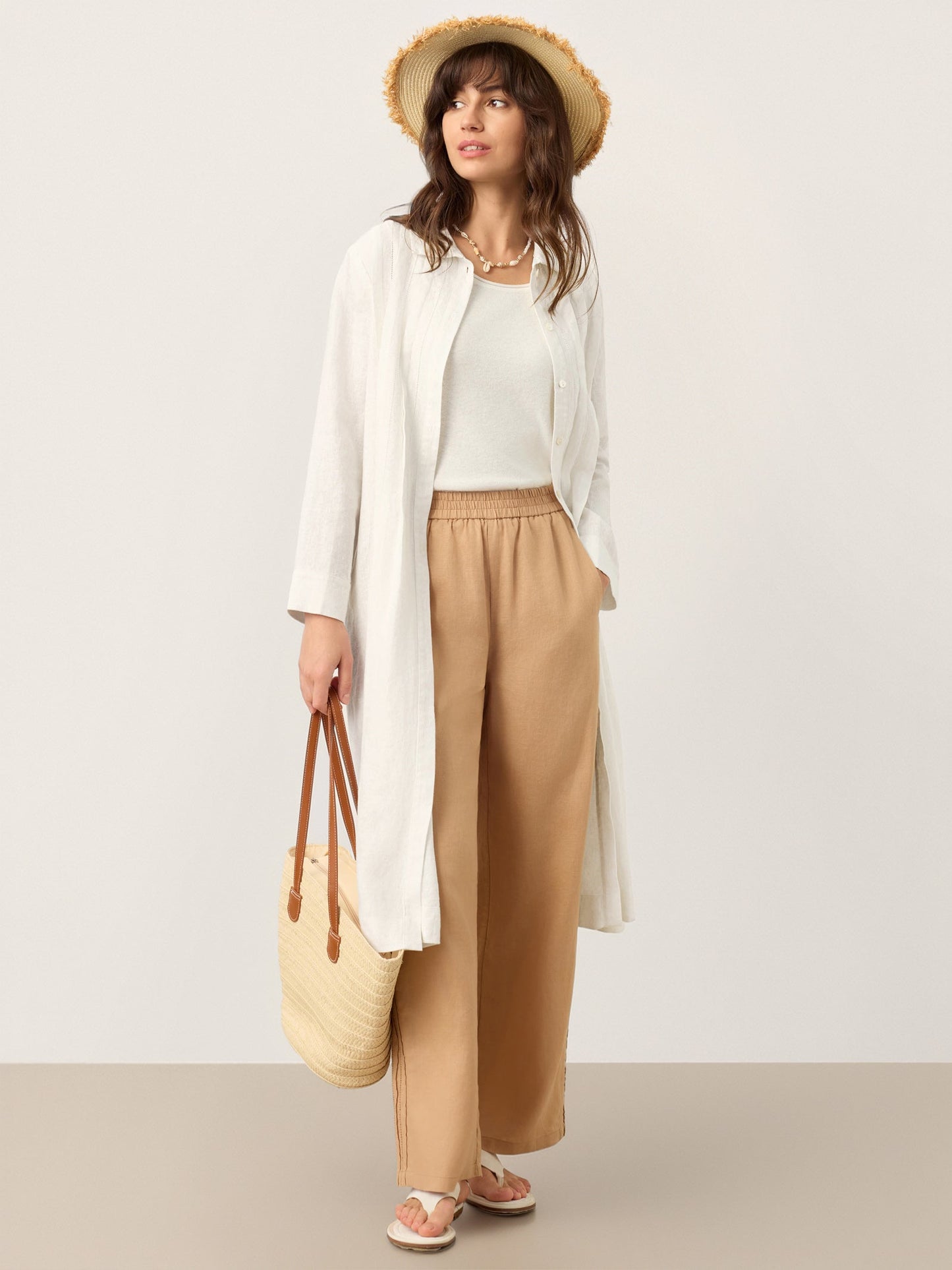 Kendall | Women’s Linen Embroidered Pintuck Midi Shirt Dress