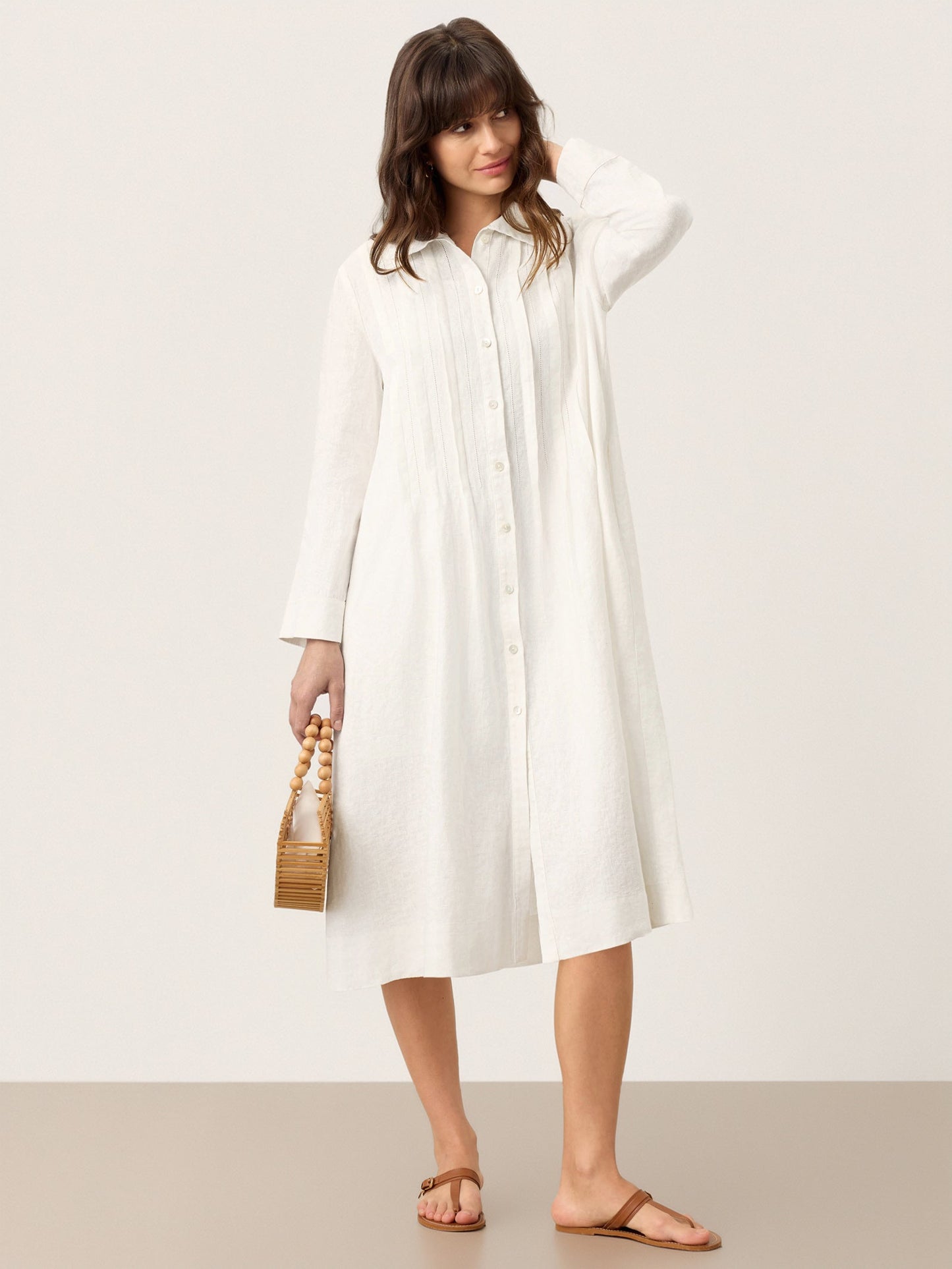 Kendall | Women’s Linen Embroidered Pintuck Midi Shirt Dress