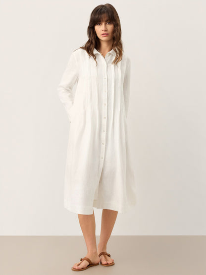Kendall | Women’s Linen Embroidered Pintuck Midi Shirt Dress