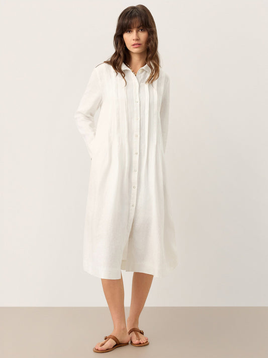 Kendall | Women’s Linen Embroidered Pintuck Midi Shirt Dress