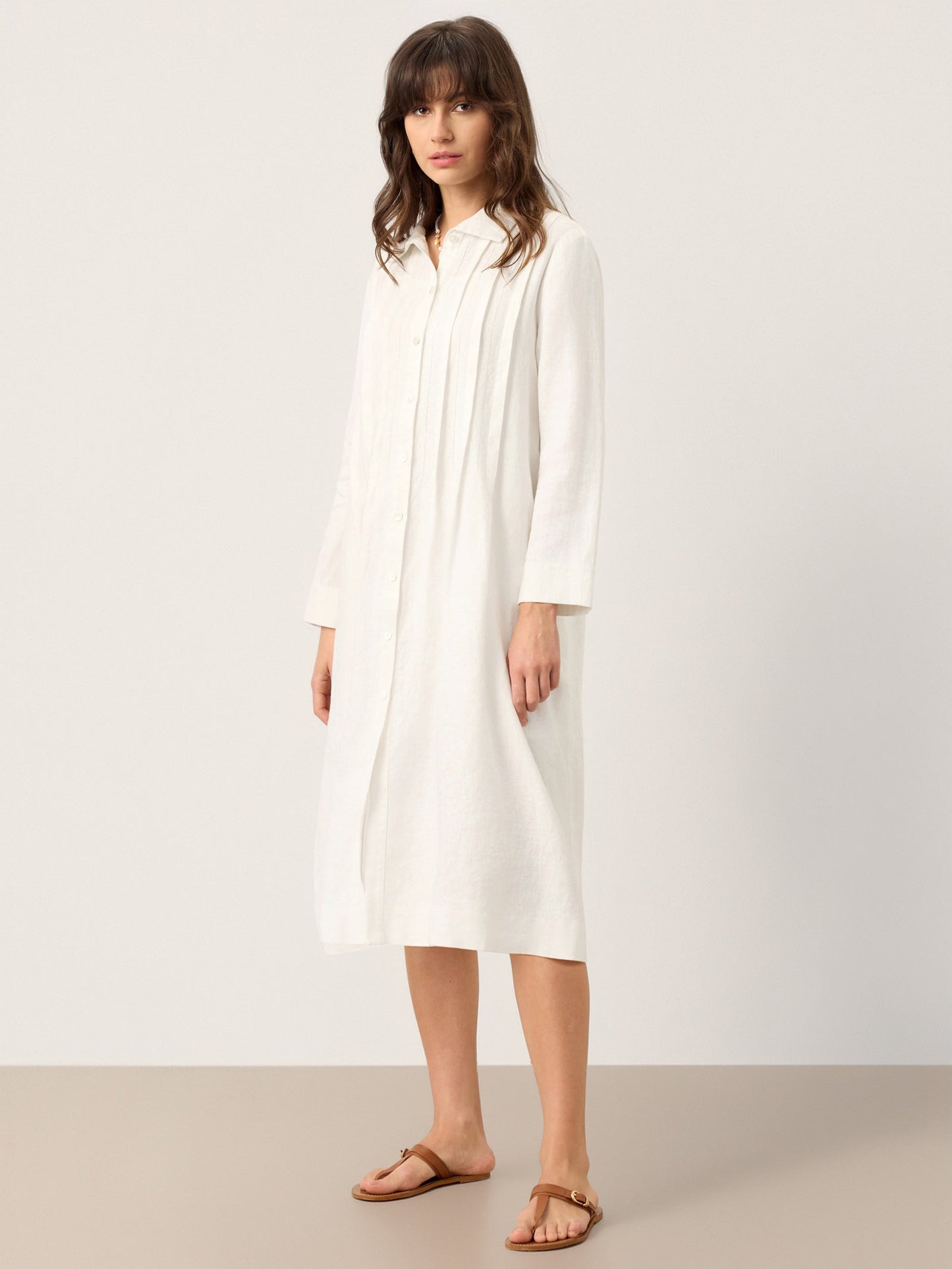 Kendall | Women’s Linen Embroidered Pintuck Midi Shirt Dress