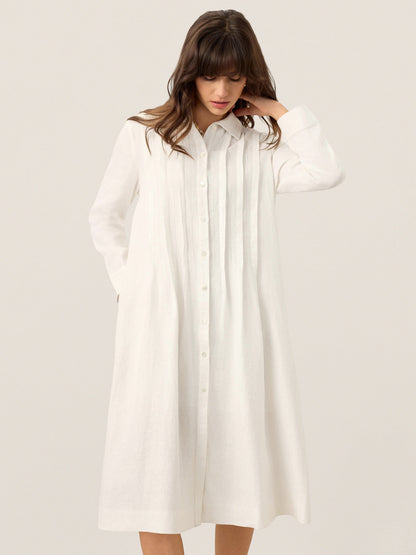 Kendall | Women’s Linen Embroidered Pintuck Midi Shirt Dress