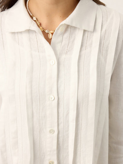 Kendall | Women’s Linen Embroidered Pintuck Midi Shirt Dress