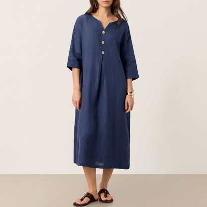 Hadley | Women’s Navy Linen Notch Neck Pleated Maxi Dress