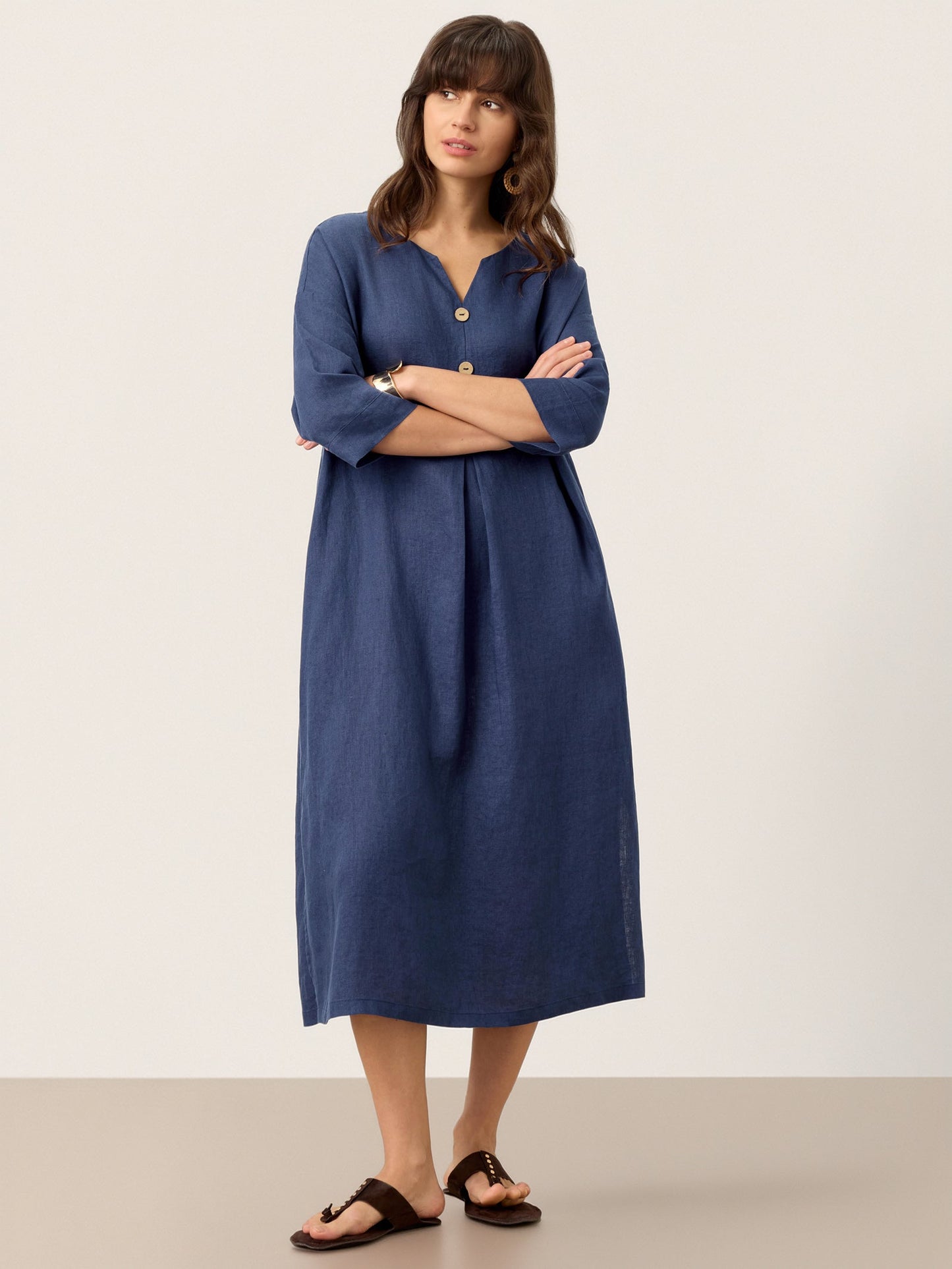 Hadley | Women’s Navy Linen Notch Neck Pleated Maxi Dress