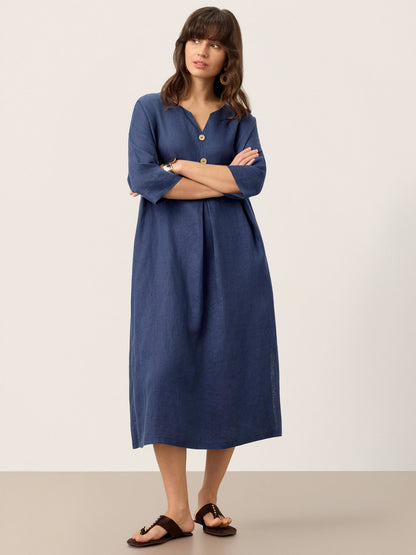 Hadley | Women’s Navy Linen Notch Neck Pleated Maxi Dress