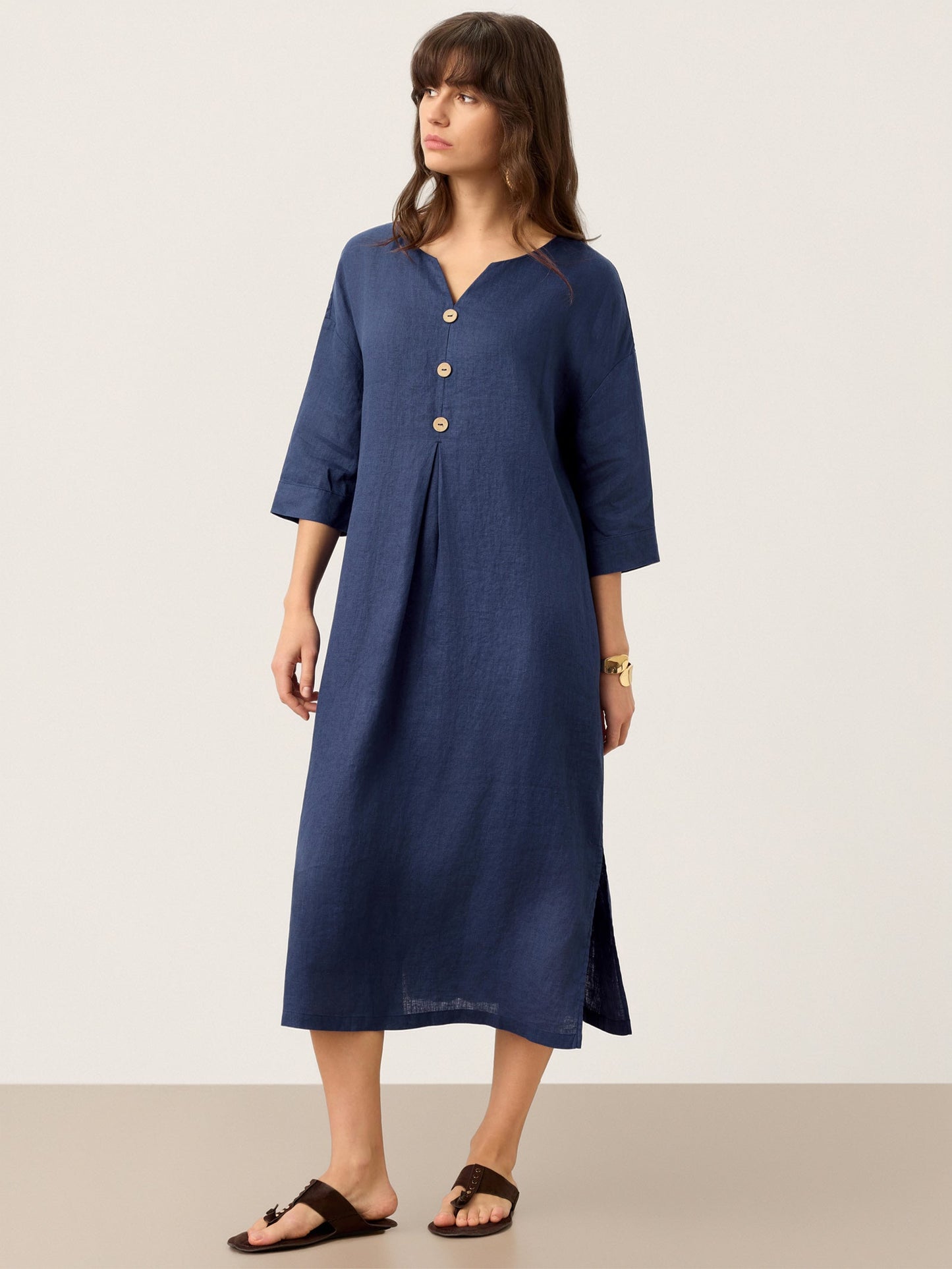 Hadley | Women’s Navy Linen Notch Neck Pleated Maxi Dress