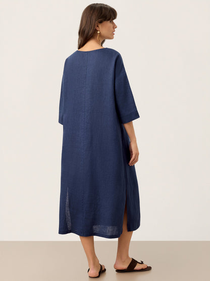 Hadley | Women’s Navy Linen Notch Neck Pleated Maxi Dress