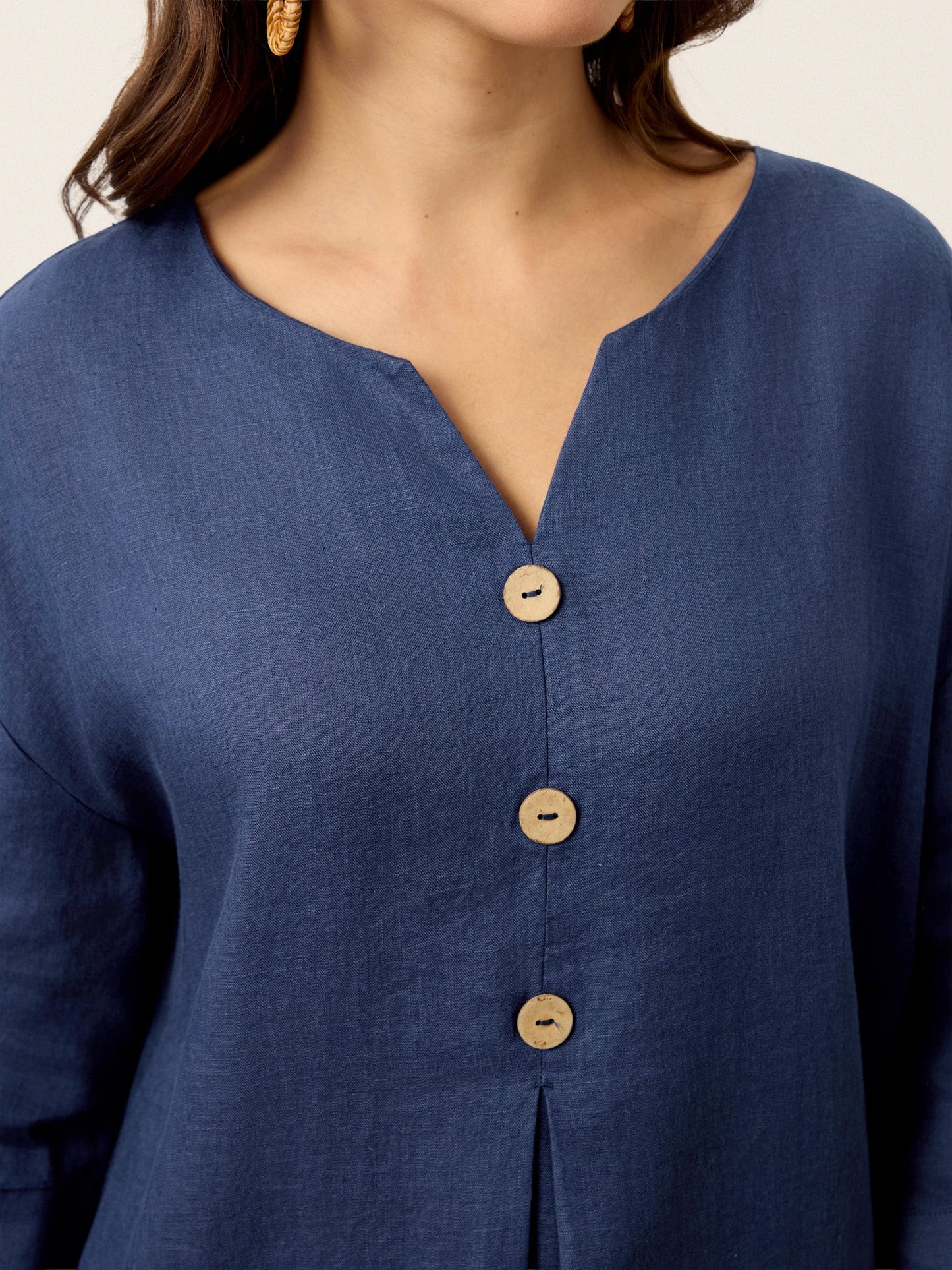 Hadley | Women’s Navy Linen Notch Neck Pleated Maxi Dress