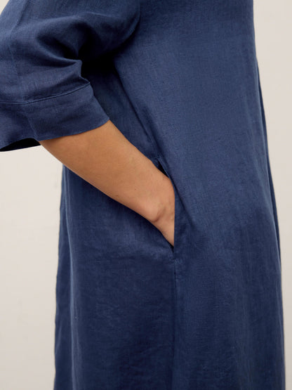 Hadley | Women’s Navy Linen Notch Neck Pleated Maxi Dress