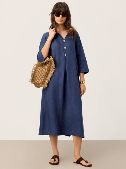 Hadley | Women’s Navy Linen Notch Neck Pleated Maxi Dress